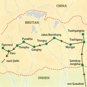 Karte der geführten Studiosus-Rundreise durch Bhutan von Guwahati über Trashigang, Thimphu und Paro zum Tigernest und zurück nach Delhi.