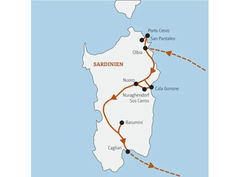 Reiseroute der Marco Polo Rundreise auf Sardinien von Olbia über Porto Cervo, Nuoro und Barumini bis nach Cagliari.