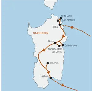 Reiseroute der Marco Polo Rundreise auf Sardinien von Olbia über Porto Cervo, Nuoro und Barumini bis nach Cagliari.