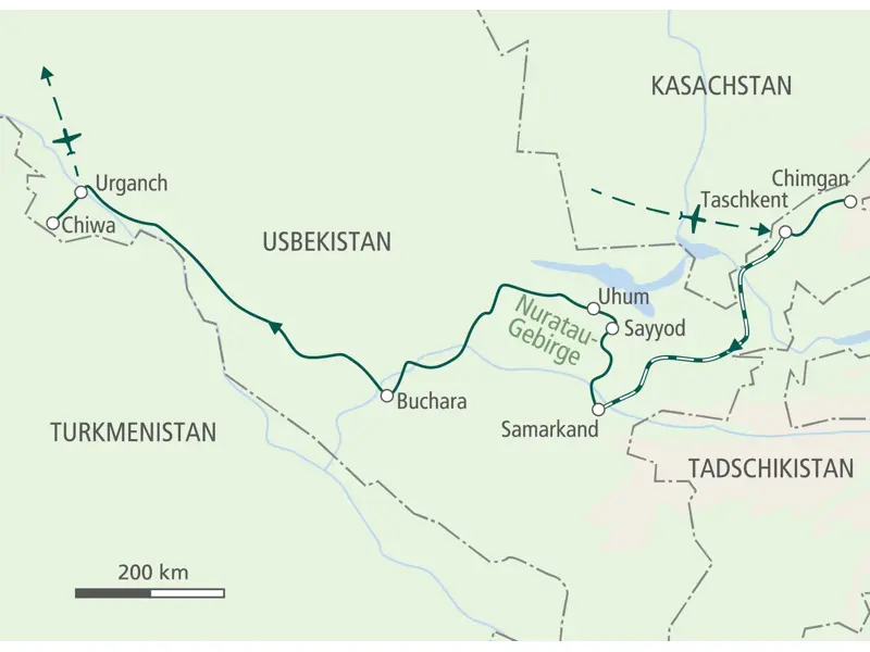Reiseroute der Hauser Wanderreise in Usbekistan von Taschkent über Samarkand, das Nuratau-Gebirge und Buchara nach Chiwa.