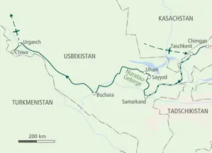 Reiseroute der Hauser Wanderreise in Usbekistan von Taschkent über Samarkand, das Nuratau-Gebirge und Buchara nach Chiwa.