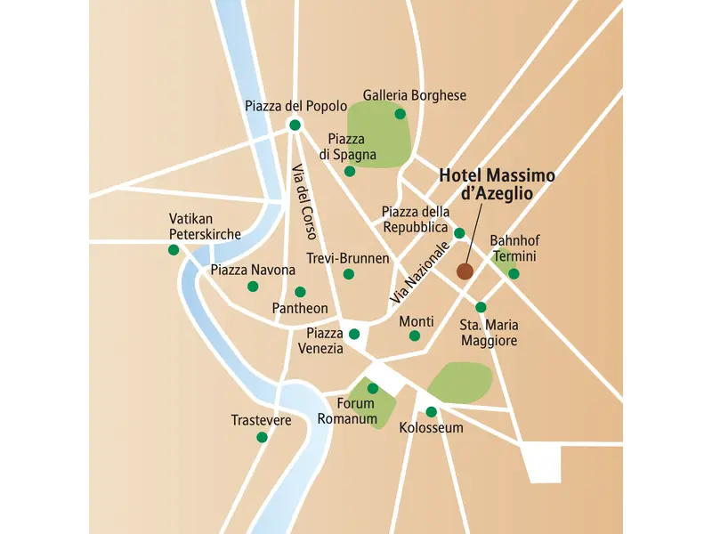 Lageplan zur Studiosus-Städtereise in Rom. Die Karte zeigt die zentrale Lage des Hotels und Sehenswürdigkeiten wie Kolosseum.