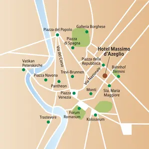 Lageplan zur Studiosus-Städtereise in Rom. Die Karte zeigt die zentrale Lage des Hotels und Sehenswürdigkeiten wie Kolosseum.