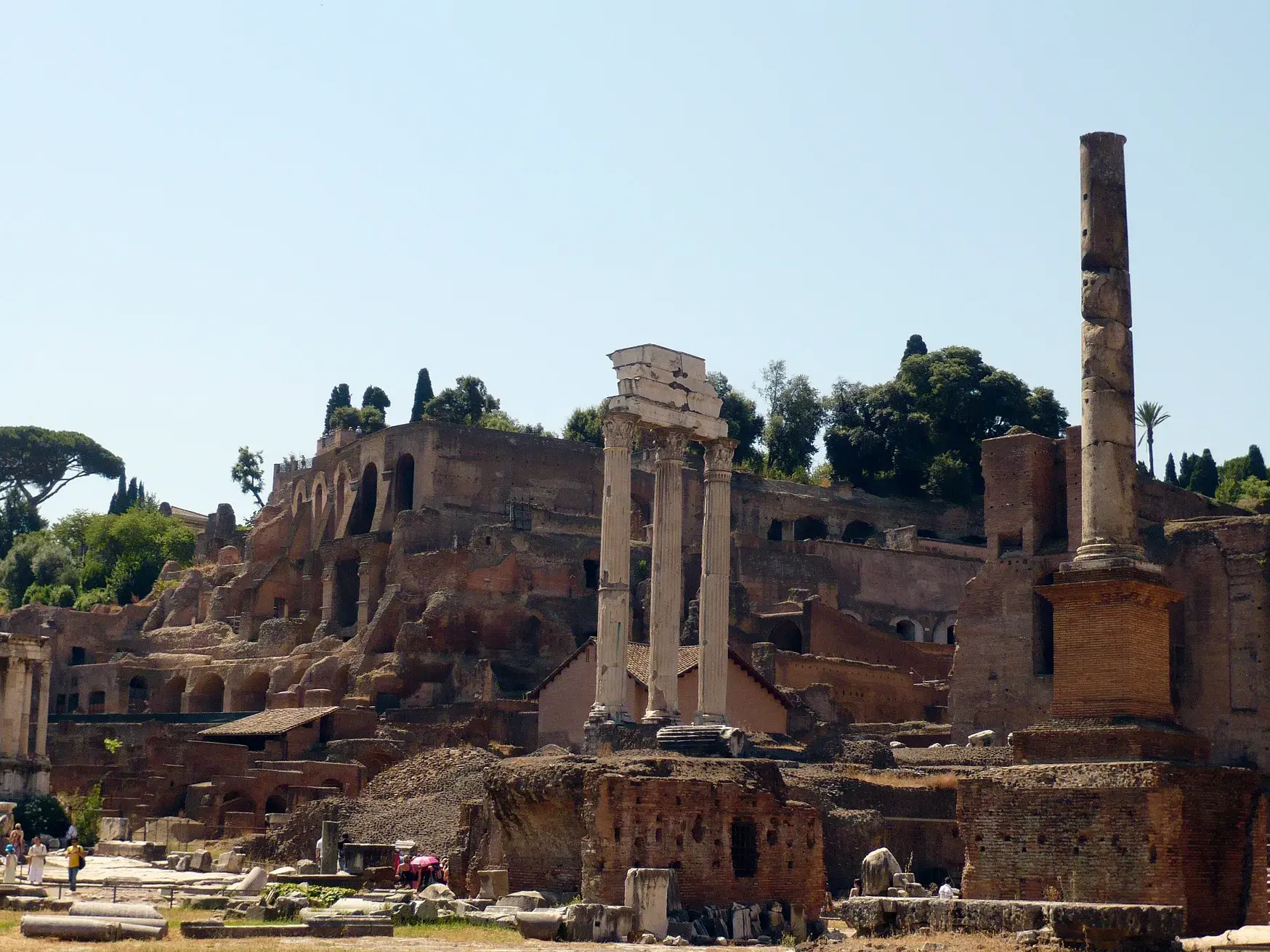 Wanderung durch das antike Rom: Blick auf die Ruinen des Forum Romanum und den Palatin-Hügel bei Sonnenschein.