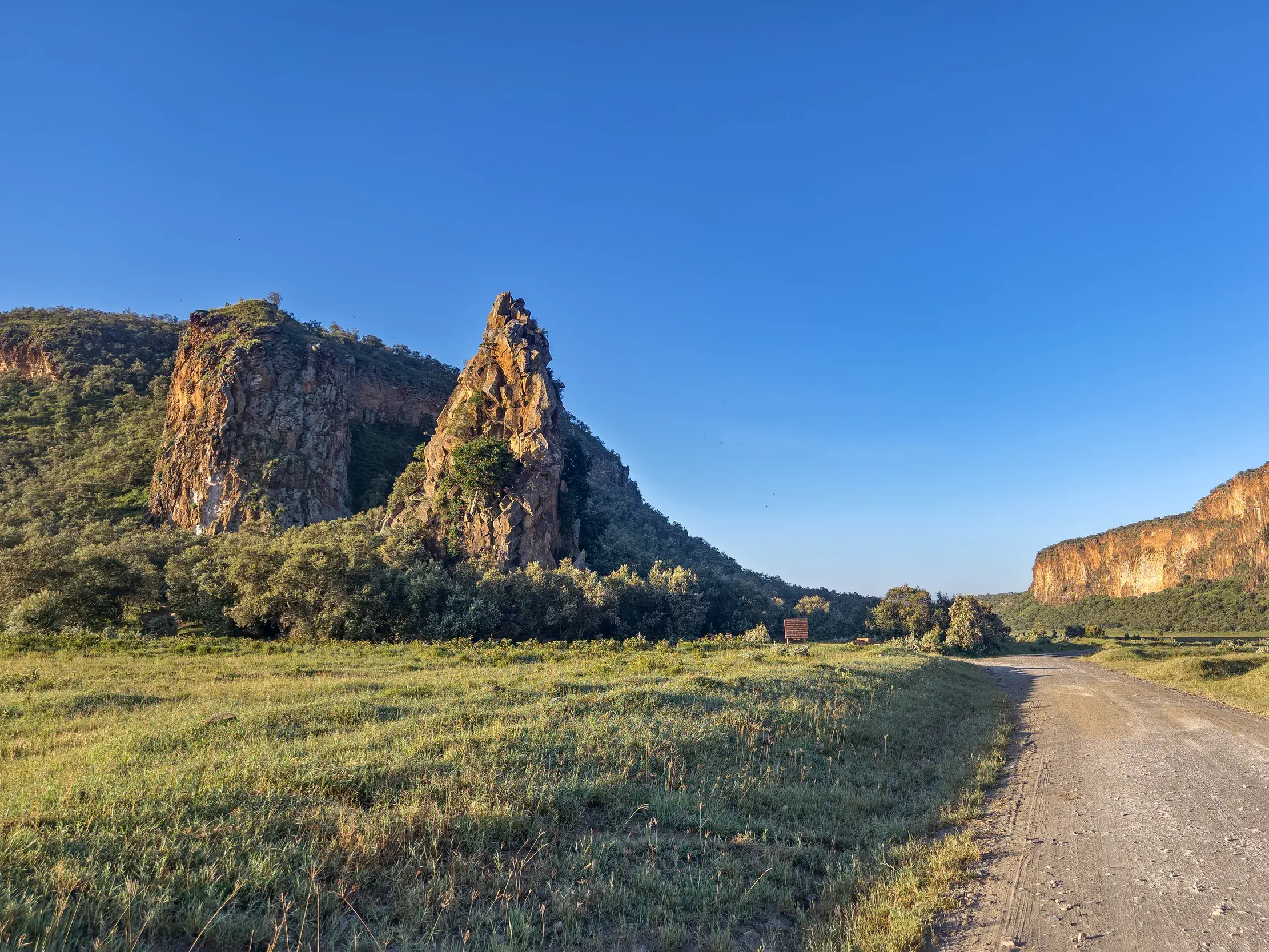 Eine Sandpiste führt durch die grüne Landschaft des Hells-Gate-Nationalparks zum markanten Fischers Tower in Kenia.