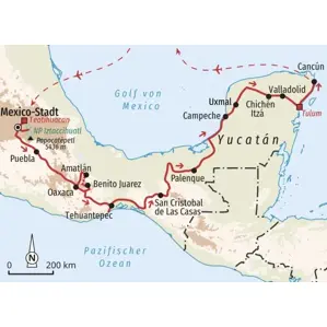 Routenverlauf unserer Trekkingreise in Mexiko von Mexiko-Stadt über Oaxaca, Palenque und Chichén Itzá bis nach Cancún.