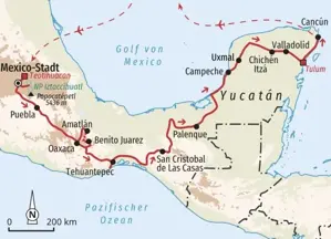 Routenverlauf unserer Trekkingreise in Mexiko von Mexiko-Stadt über Oaxaca, Palenque und Chichén Itzá bis nach Cancún.