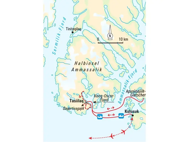 Reiseroute unserer Trekkingreise in Ostgrönland: Von Kulusuk per Boot nach Tasiilaq und zum Apusiaajiik-Gletscher.