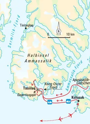 Reiseroute unserer Trekkingreise in Ostgrönland: Von Kulusuk per Boot nach Tasiilaq und zum Apusiaajiik-Gletscher.