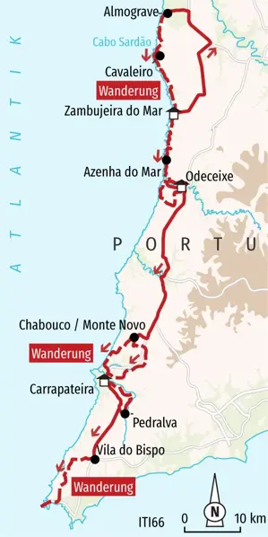 Karte der Wanderreise an Portugals Costa Vicentina mit der Route von Almograve über Zambujeira do Mar und Carrapateira zum Cabo São Vicente.