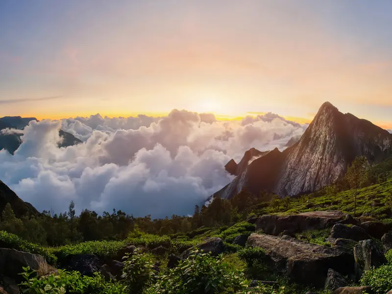 Eindrucksvoller Sonnenaufgang über einem Wolkenmeer auf einer Wanderung zum Gipfel des Meesapulimala in den Western Ghats.