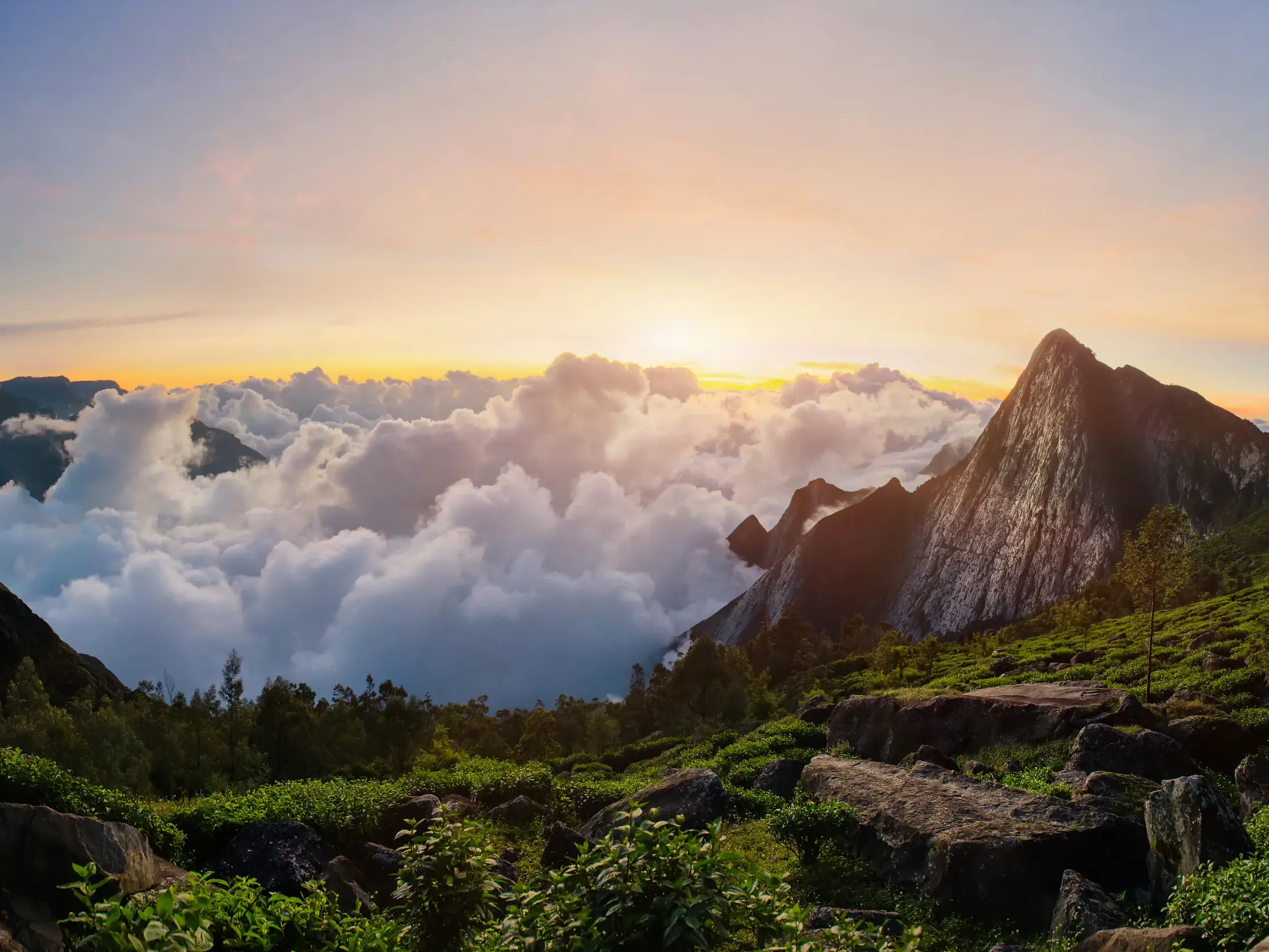 Majestätischer Sonnenaufgang über einem Wolkenmeer vom Gipfel des Meesapulimala in den Western Ghats in Kerala.