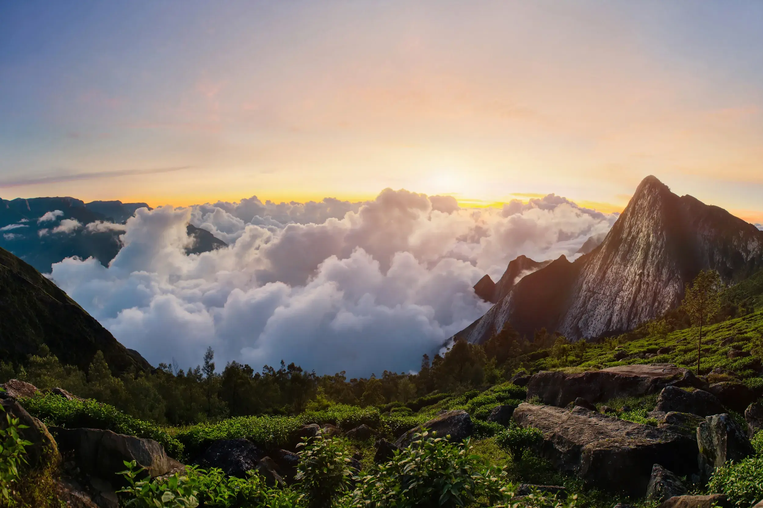 Majestätischer Sonnenaufgang über einem Wolkenmeer vom Gipfel des Meesapulimala in den Western Ghats in Kerala.