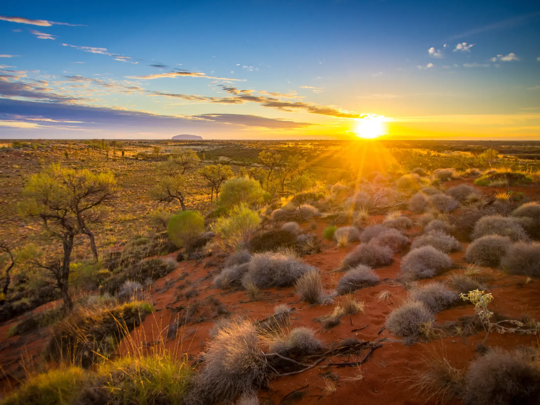 Die untergehende Sonne taucht die rote Wüstenlandschaft des Outbacks in goldenes Licht, im Hintergrund der Felsmonolith Uluru.