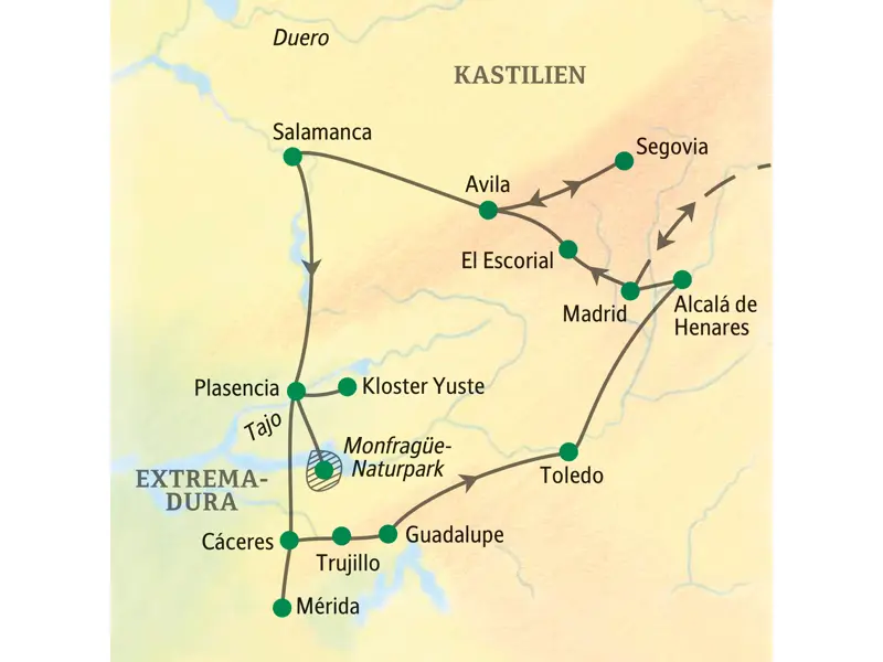 Karte der Studienreise durch Kastilien und die Extremadura. Die Route führt von Madrid über Salamanca, Cáceres und Toledo.