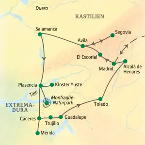 Karte der Studienreise durch Kastilien und die Extremadura. Die Route führt von Madrid über Salamanca, Cáceres und Toledo.