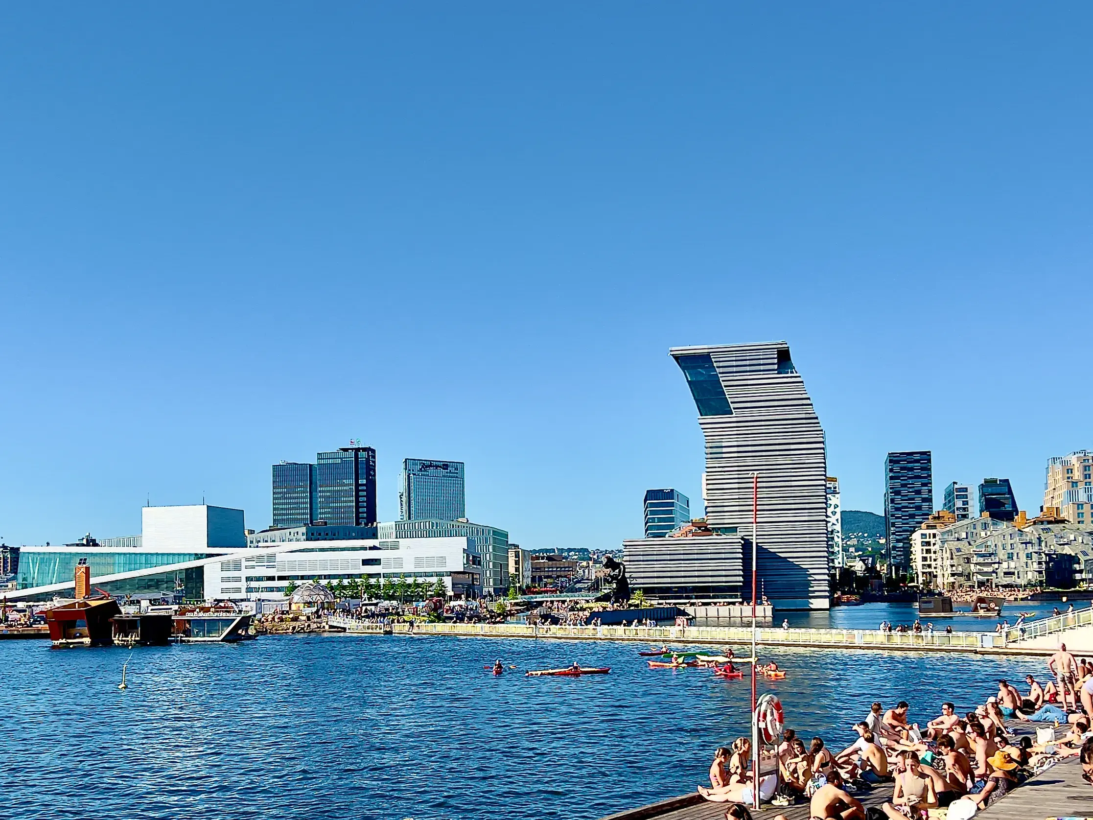 Sonniger Tag am Oslofjord: Menschen sonnen sich am Ufer vor der Skyline mit dem Munch-Museum und dem Opernhaus.