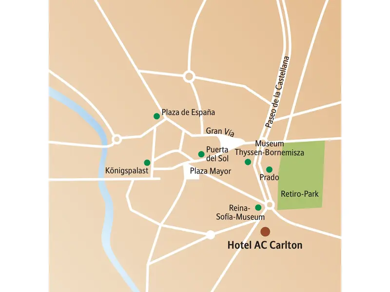 Karte für die Singlereise nach Madrid mit dem Hotel AC Carlton und Sehenswürdigkeiten wie Prado, Königspalast und Plaza Mayor.