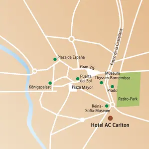 Karte für die Singlereise nach Madrid mit dem Hotel AC Carlton und Sehenswürdigkeiten wie Prado, Königspalast und Plaza Mayor.