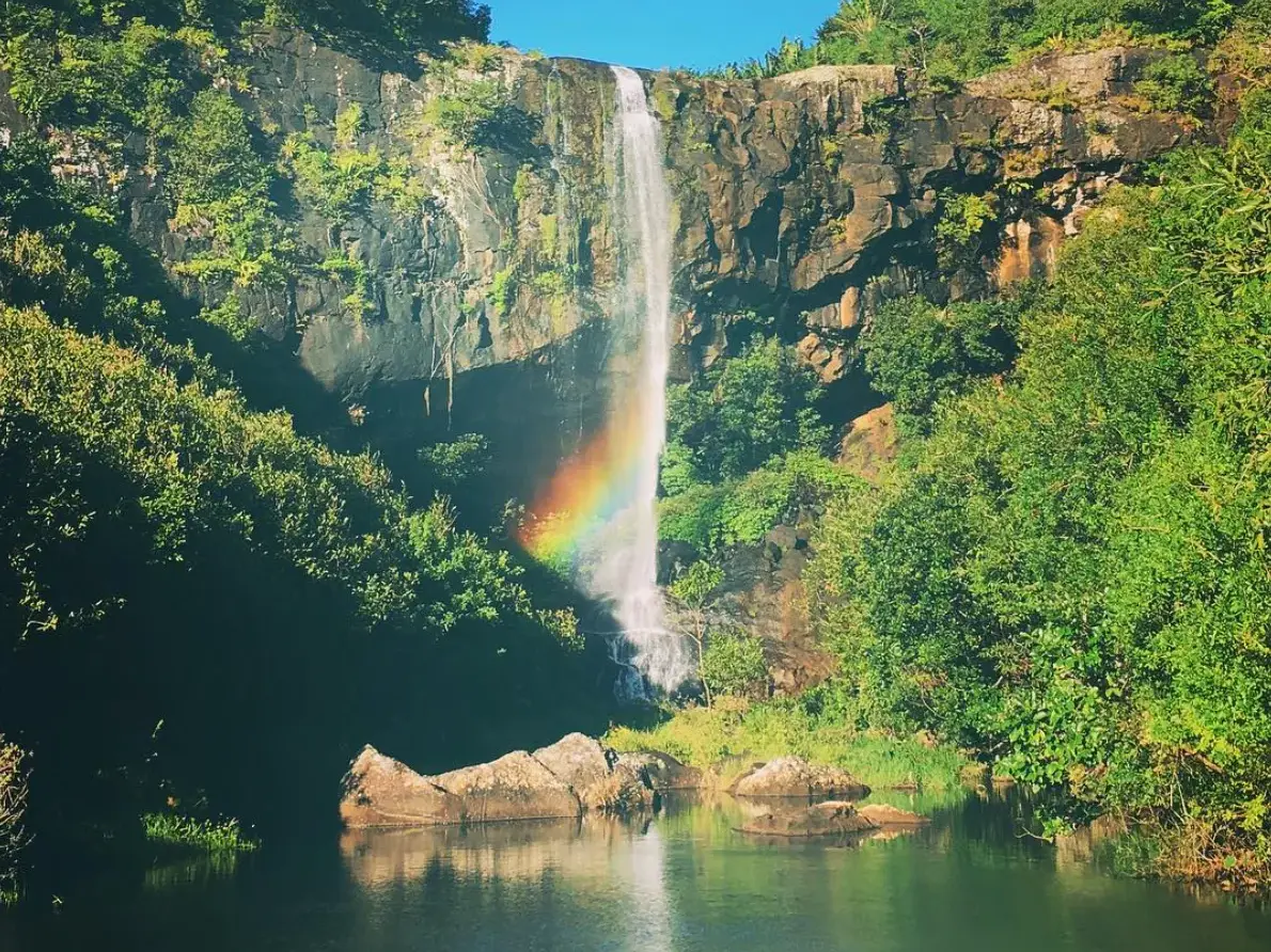 Die Tamarind-Fälle auf Mauritius stürzen über eine grüne Felsklippe in ein Becken, ein Regenbogen leuchtet im Sprühnebel.