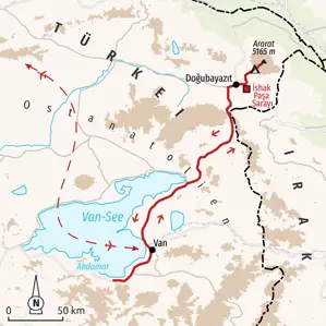 Karte der Hauser Trekkingreise zur Ararat-Besteigung. Die Route führt vom Van-See über Dogubeyazit zum Gipfel.