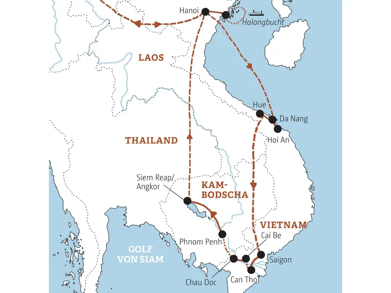 Karte der geführten Marco Polo Rundreise in Vietnam und Kambodscha von Hanoi über die Halongbucht, Hoi An, Saigon, Phnom Penh bis Angkor.