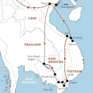 Karte der geführten Marco Polo Rundreise in Vietnam und Kambodscha von Hanoi über die Halongbucht, Hoi An, Saigon, Phnom Penh bis Angkor.