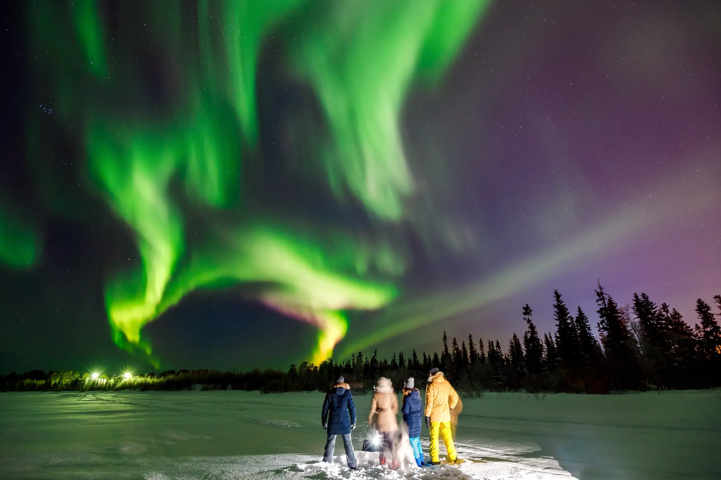Eine kleine Reisegruppe bestaunt die leuchtend grünen Nordlichter am Nachthimmel über der verschneiten Landschaft Norwegens.