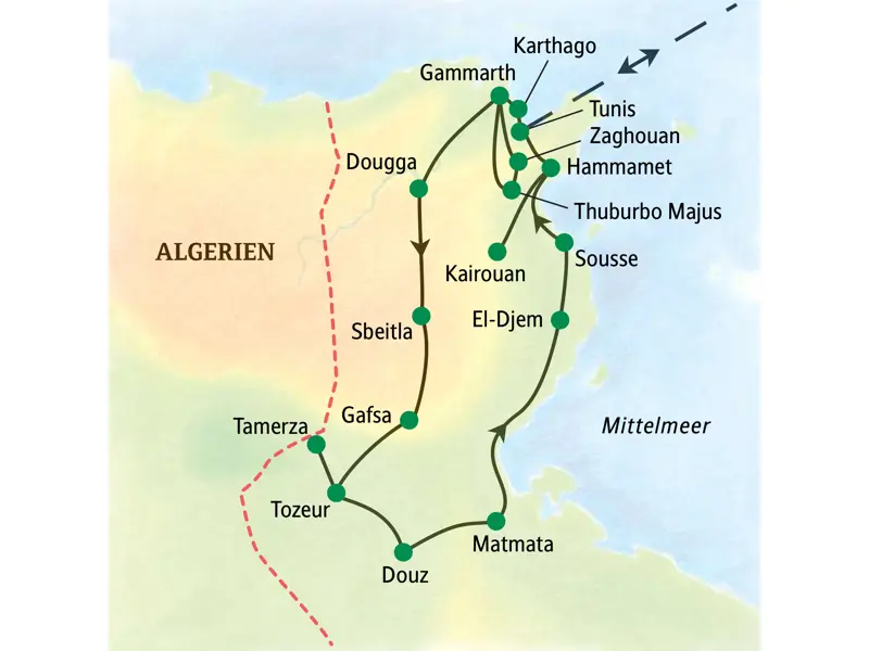 Karte der Studiosus-Studienreise "Tunesien - Drehscheibe der Kulturen": Route von Tunis über Dougga, Tozeur, Douz, El-Djem, Sousse und Kairouan.