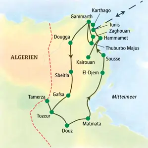 Karte der Studiosus-Studienreise "Tunesien - Drehscheibe der Kulturen": Route von Tunis über Dougga, Tozeur, Douz, El-Djem, Sousse und Kairouan.