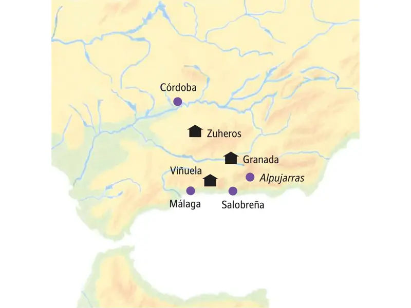 Karte der Kleingruppenreise in Andalusien von Viñuela über Zuheros nach Granada, mit Ausflügen nach Málaga und Córdoba.