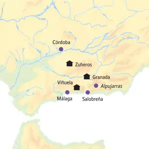 Karte der Kleingruppenreise in Andalusien von Viñuela über Zuheros nach Granada, mit Ausflügen nach Málaga und Córdoba.