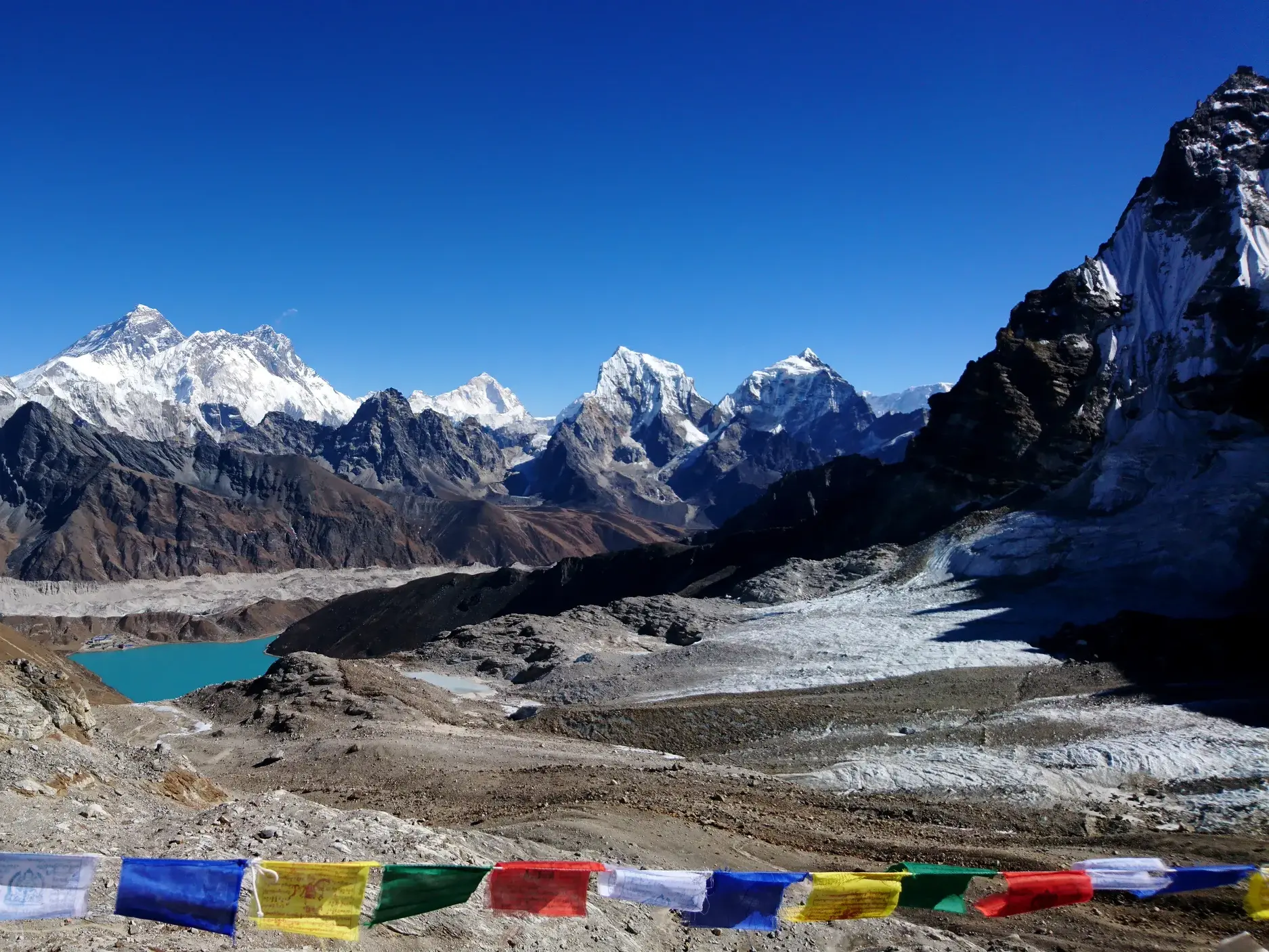 Blick vom Renjo La Pass auf den türkisen Gokyo-See und die Achttausender Mount Everest und Lhotse im Himalaya, Nepal.