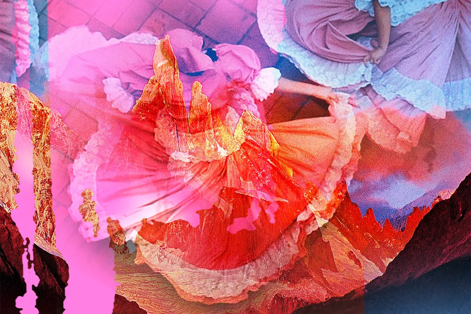 Künstlerische Fotocollage: Eine Tänzerin in rosa Tracht verschmilzt mit der rötlichen Felslandschaft der Anden in Südamerika.