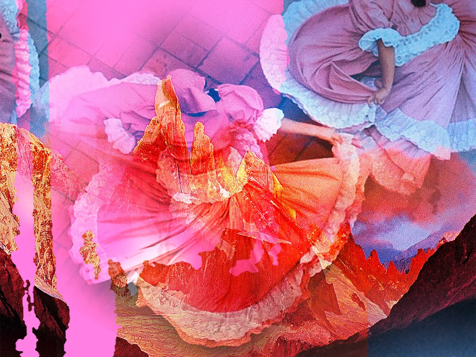 Künstlerische Fotocollage: Eine Tänzerin in rosa Tracht verschmilzt mit der rötlichen Felslandschaft der Anden in Südamerika.
