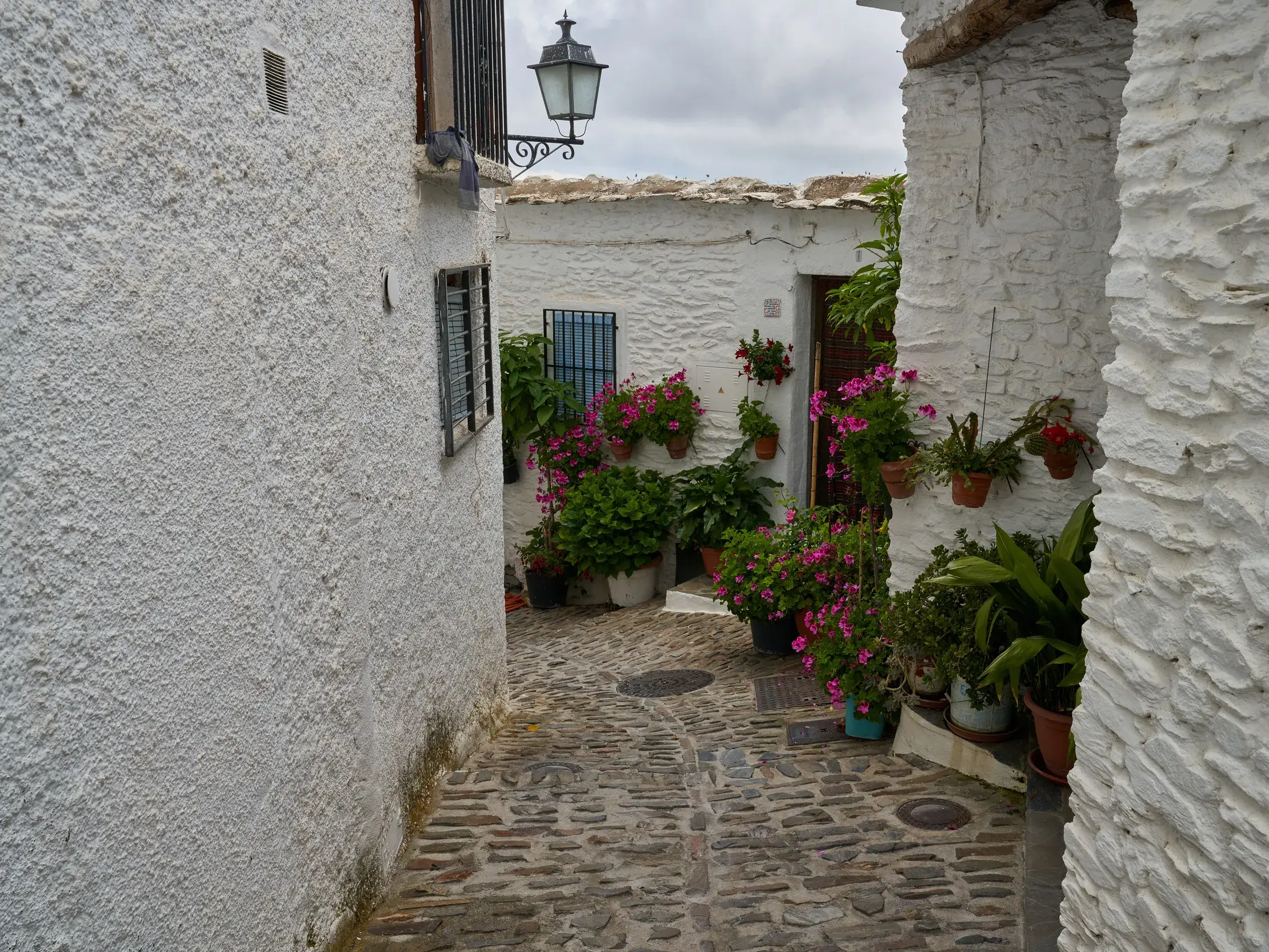 Verwinkelte Gasse mit Kopfsteinpflaster in einem weißen Dorf in der Alpujarra, gesäumt von blumengeschmückten Häusern.
