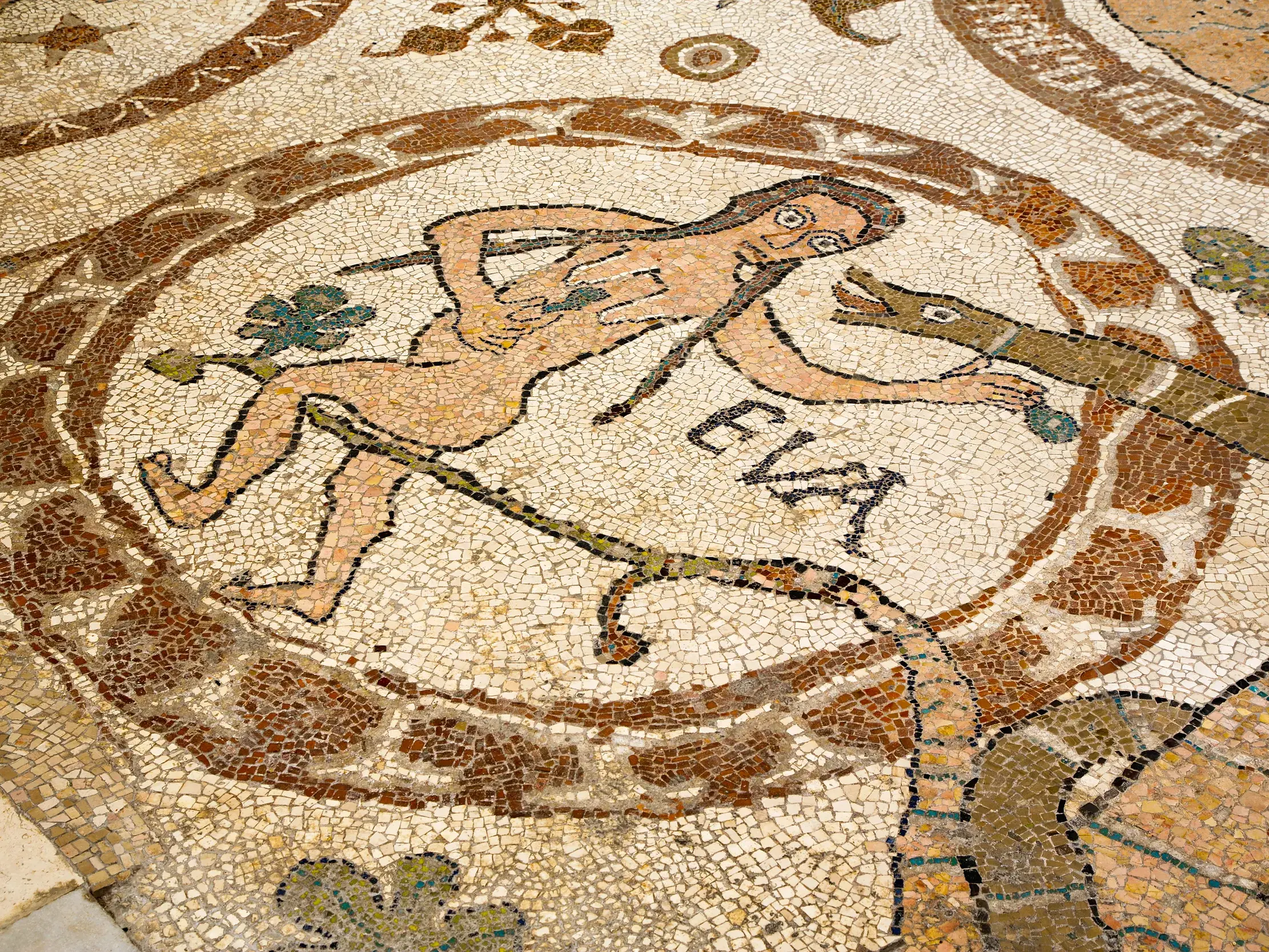 Detailaufnahme des Fußbodenmosaiks im Dom von Otranto, das die biblische Szene von Eva und der Schlange zeigt.