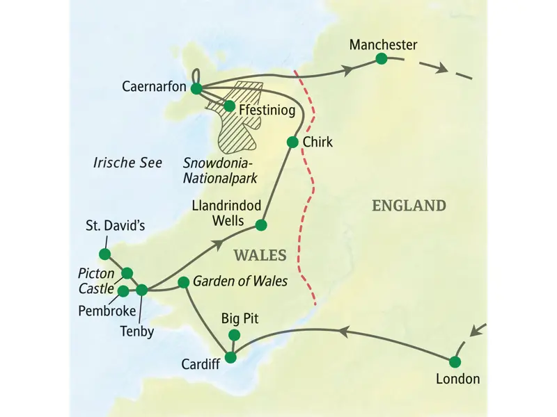 Karte der Studiosus Studienreise durch Wales: Route von London über Cardiff, St David's und Caernarfon nach Manchester.