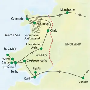 Karte der Studiosus Studienreise durch Wales: Route von London über Cardiff, St David's und Caernarfon nach Manchester.