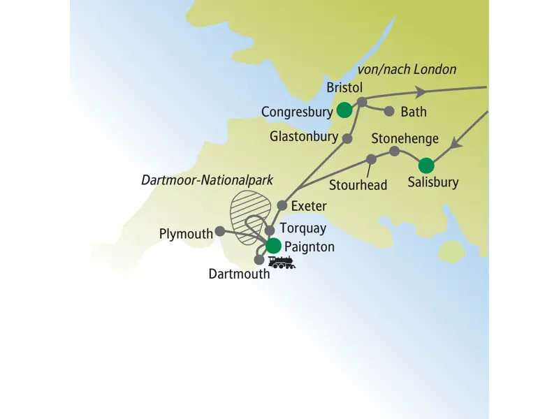 Reiseroute der Singlereise durch Südengland von London über Salisbury, Stonehenge, Dartmoor und Bath zurück nach London.
