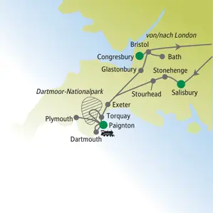 Reiseroute der Singlereise durch Südengland von London über Salisbury, Stonehenge, Dartmoor und Bath zurück nach London.