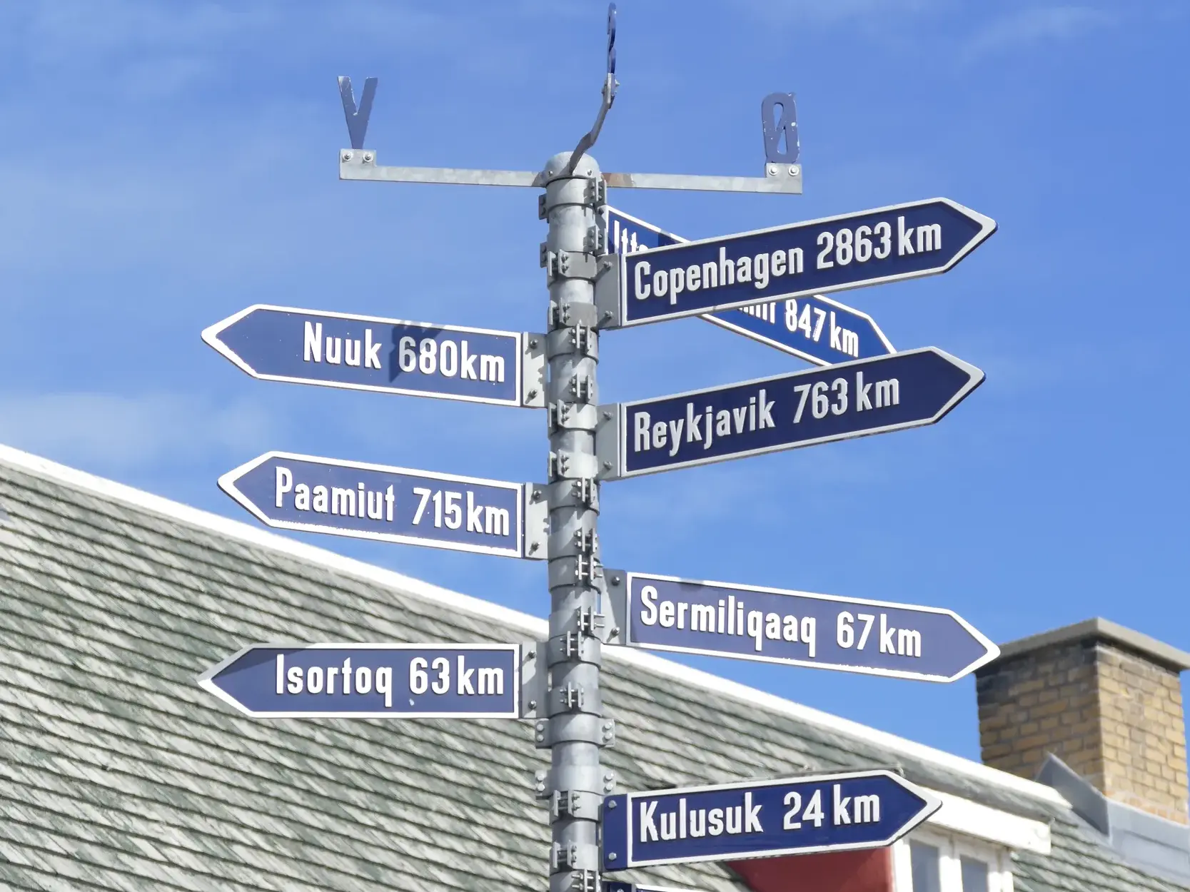 Blauer Wegweiser in Tasiilaq, Ostgrönland, zeigt Entfernungen zu Kulusuk, Reykjavik und Kopenhagen unter blauem Himmel.