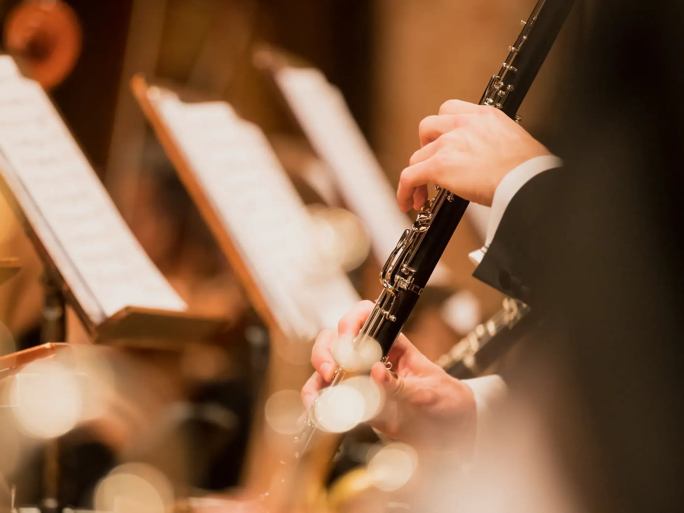 Detailaufnahme eines Musikers mit Holzblasinstrument beim Orchesterkonzert in Hamburg