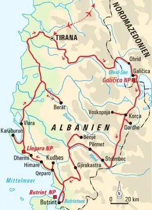 Reiseroute der Wanderreise durch Albanien & Nordmazedonien von Tirana über Ohrid, Gjirokastra, Himare und Berat.