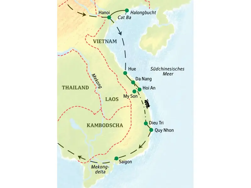 Karte der geführten Studienreise durch Vietnam: Die Route führt von Hanoi im Norden über Hue und Hoi An bis nach Saigon.
