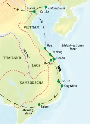 Karte der geführten Studienreise durch Vietnam: Die Route führt von Hanoi im Norden über Hue und Hoi An bis nach Saigon.
