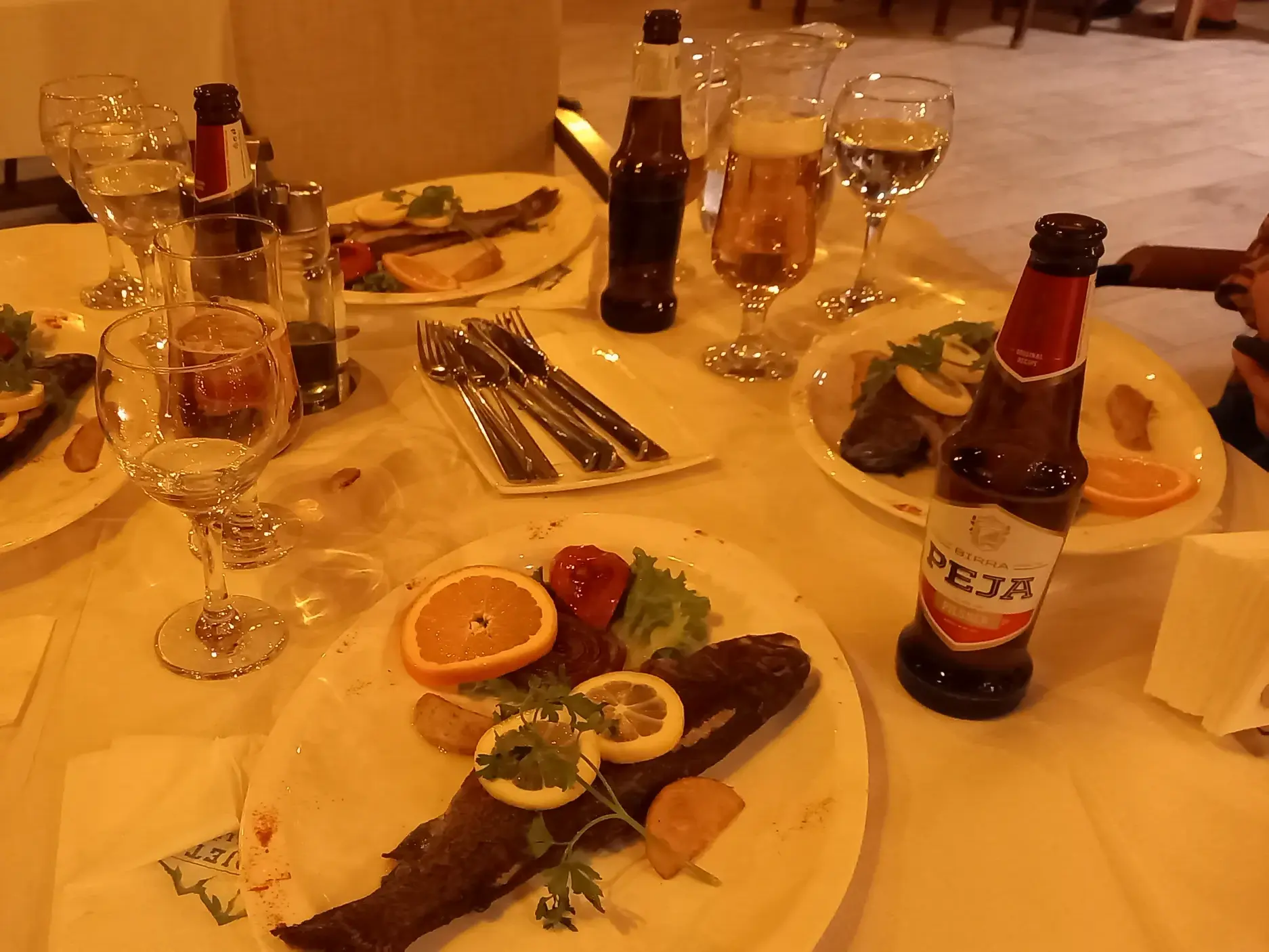 Gemeinsames Abendessen einer Reisegruppe im Kosovo mit Fischgerichten und dem lokalen Bier der Marke Peja auf dem Tisch.