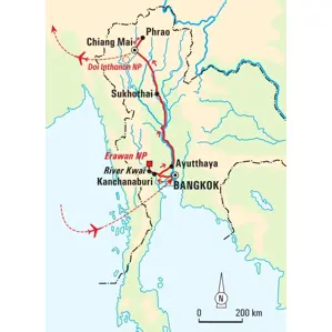 Routenkarte der Hauser Trekkingreise in Thailand von Bangkok über den River Kwai, Sukhothai bis in die Bergwelt von Chiang Mai.