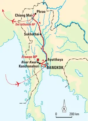 Routenkarte der Hauser Trekkingreise in Thailand von Bangkok über den River Kwai, Sukhothai bis in die Bergwelt von Chiang Mai.