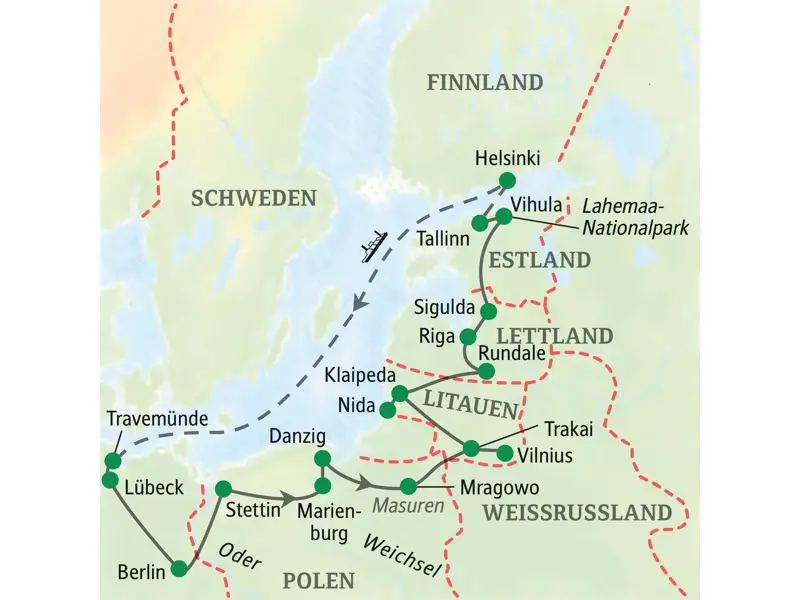 Karte der Studiosus Studienreise von Berlin über Danzig, Vilnius, Riga und Tallinn nach Helsinki und mit der Fähre zurück.